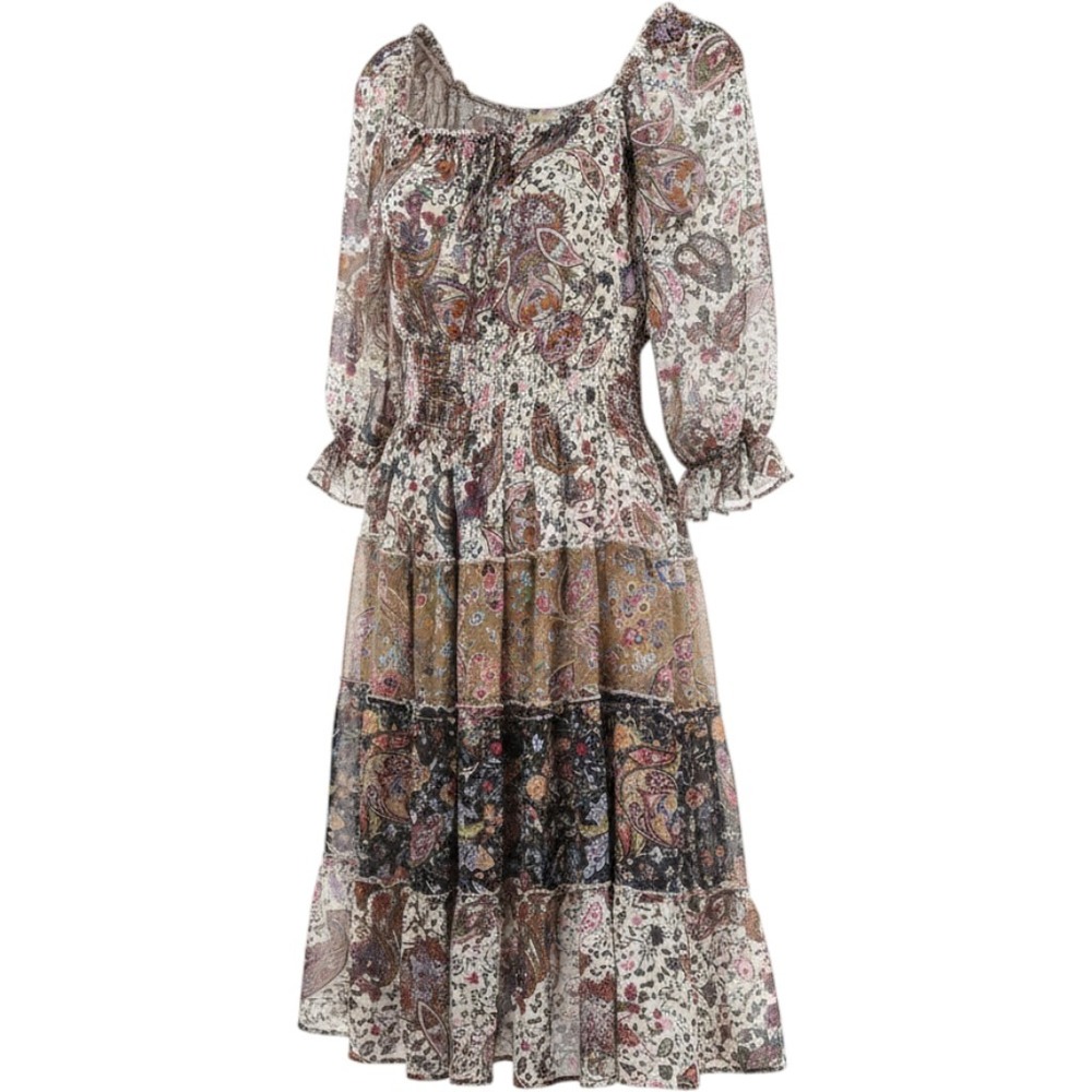 Fig and Flower Anthropologie Boho Smocked Puff Sleeve Maxi Dress Size Large